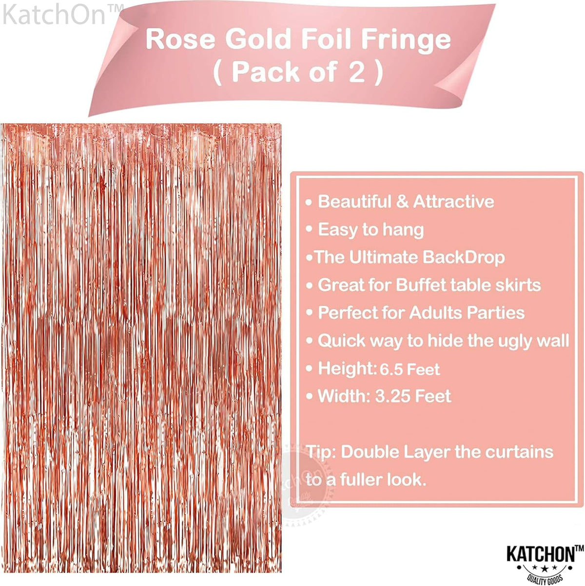 KatchOn, Rose Gold Fringe Curtain - Pack of 2 | Rosegold Backdrop for Anniversary, Wedding