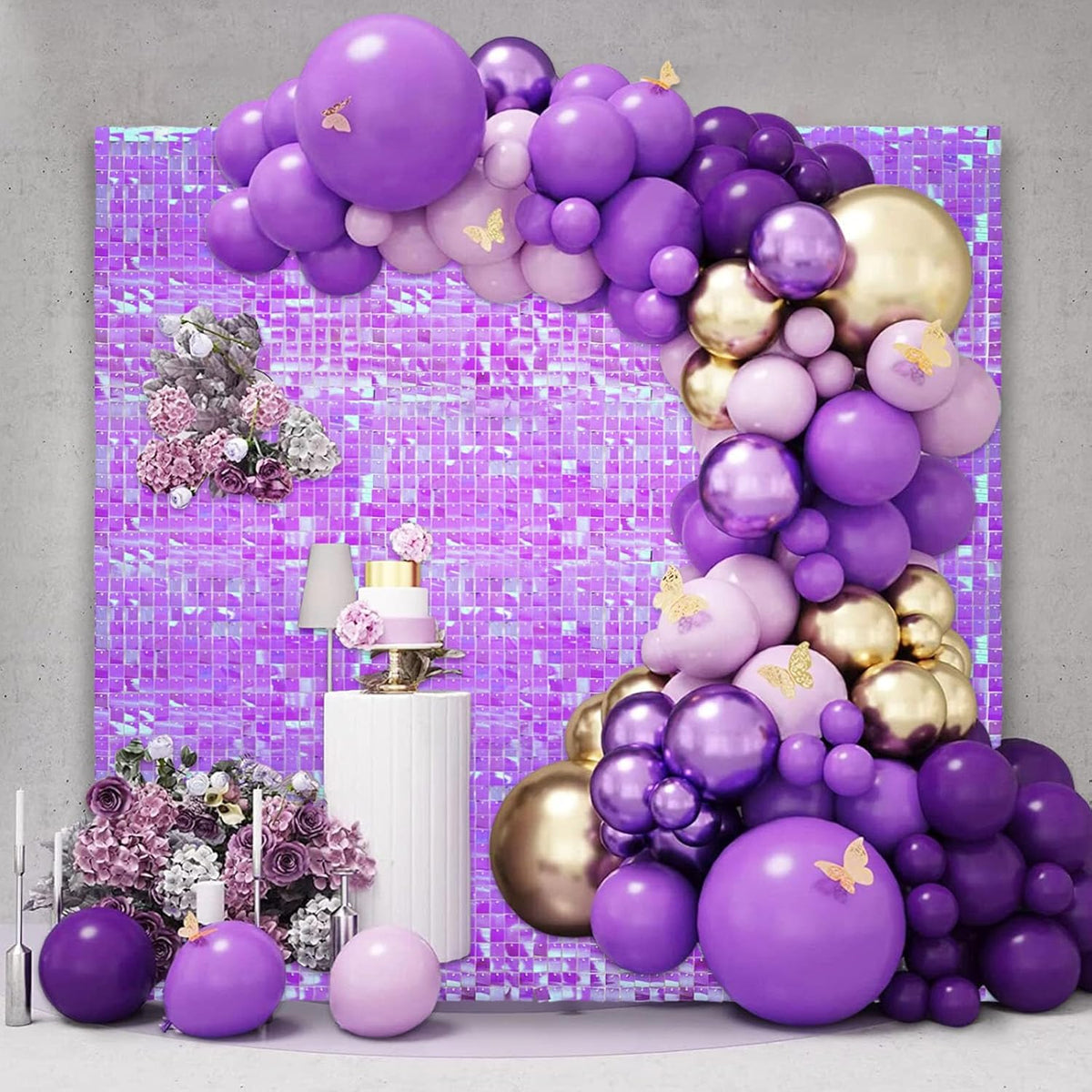 12PCS Colorful Purple Shimmer Wall Backdrop, Square Sequin Photo Backdrops Panel, Glitter Wall