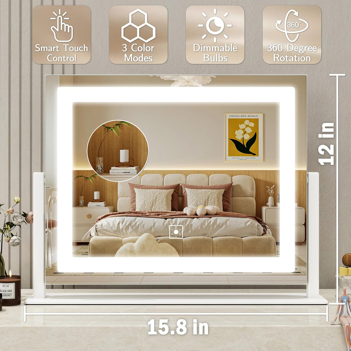 16x12 Inch Vanity Mirror with Lights, Lighted Makeup Mirror with 10X Magnification, Smart Touch 3