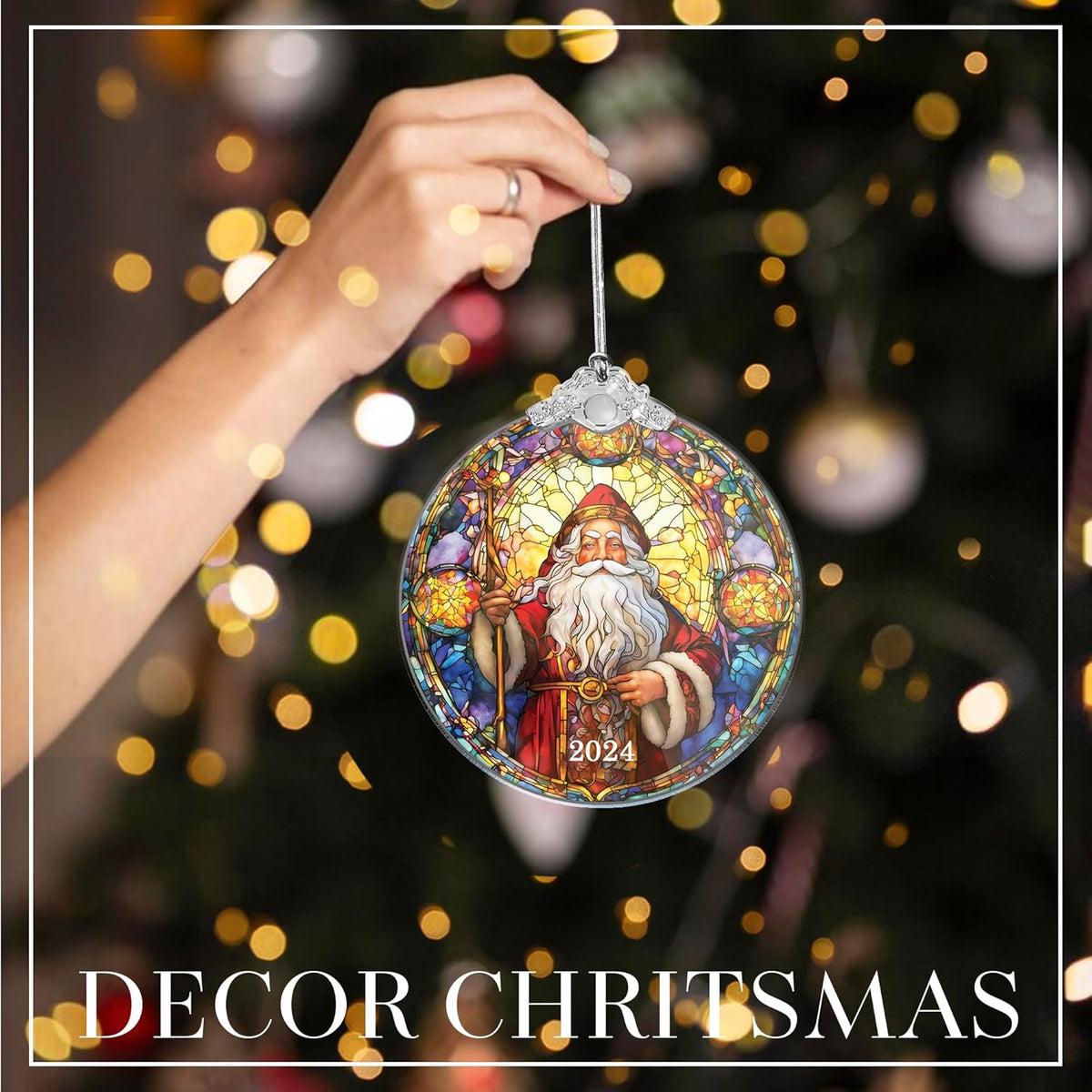 Christmas Tree Ornaments, Stained Glass Effect, Santa Claus Acrylic Art, Holiday Decor, White