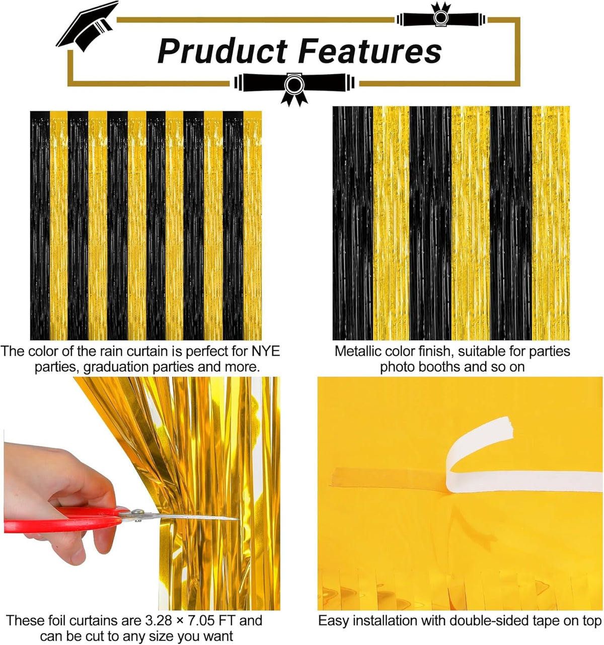2 Pack Graduation Backdrop, 3.28 FT x 7.05 FT Black and Gold Foil Fringe Curtains, Metallic Foil