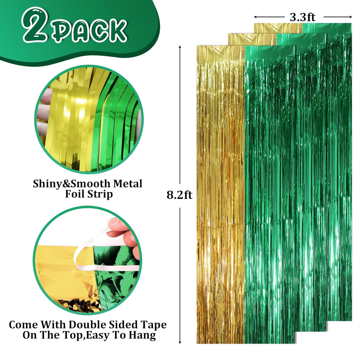 2 Pack Green and Gold Foil Fringe Backdrop Curtains, Tinsel Streamers Party Decorations, Fringe