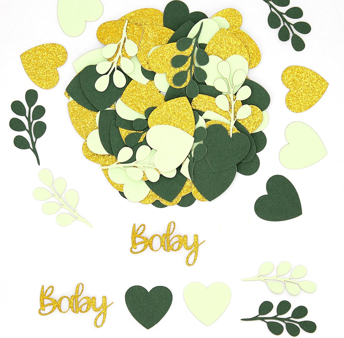 200PC Sage Green Baby Shower Confetti Green Gold Glitter Heart Table Confetti for Greenery Gender