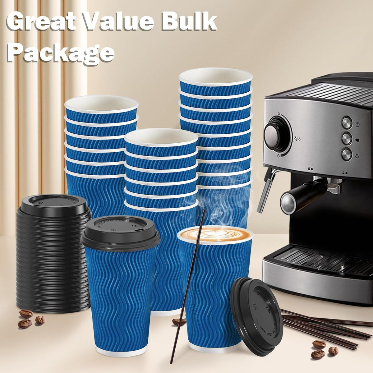 SIUQ 16 oz Coffee Cups-90 Pack Disposable Coffee Cups with Lids and Straws, Insulated Ripple Wall