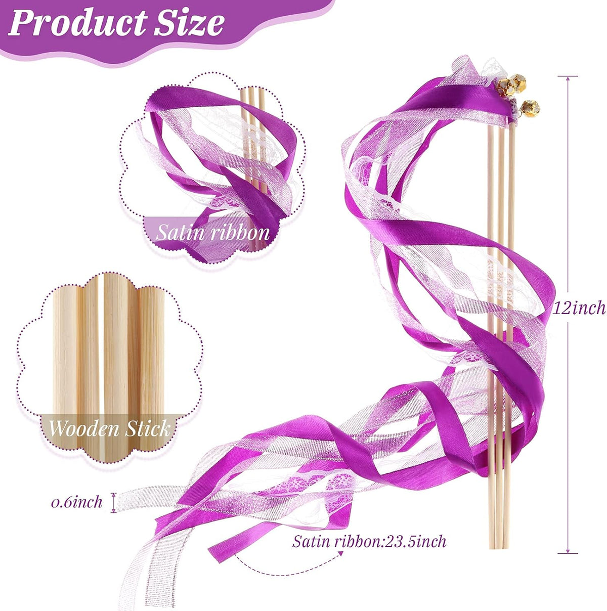 40 Pieces Ribbon Wedding Streamers with Bells, Lace Fairy Stick Wand Party Streamers Chromatic Silk