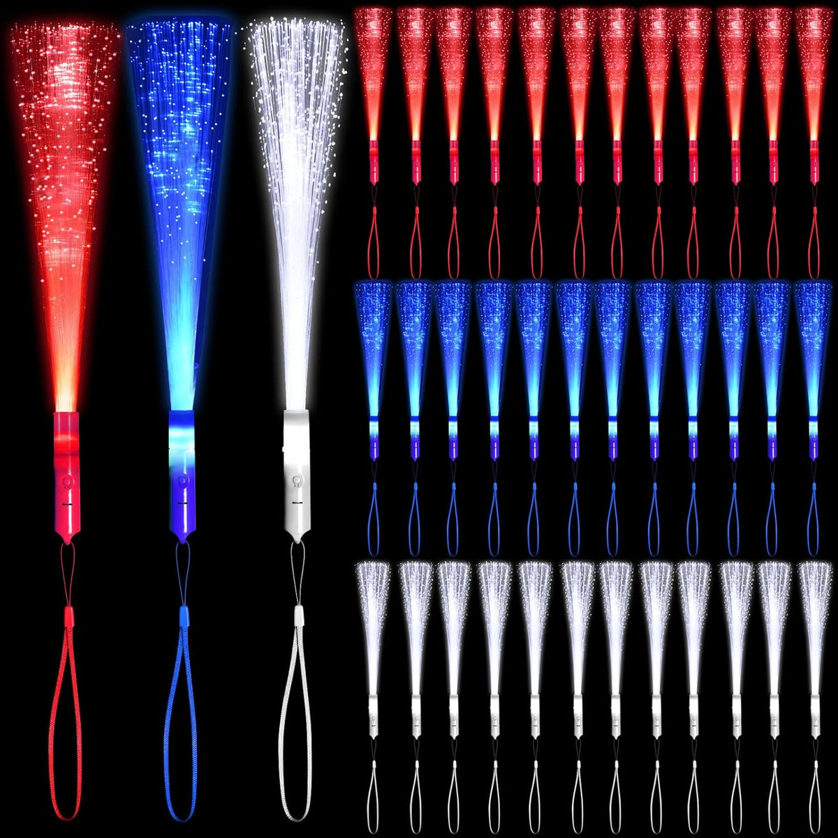 48 PCS Red Blue White Glow Fiber Wands Sticks LED Light Wands 3 Modes Flashing Fiber Optic Light