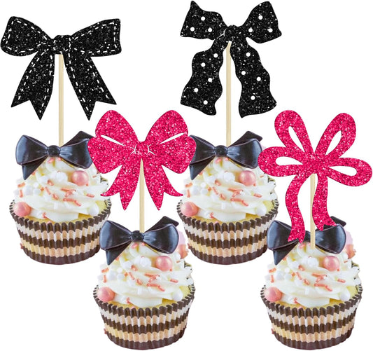Ephlyn 24Pcs Pink Bow Cupcake Toppers Bow Birthday Cake Topper Girls Birthday Party Decorations