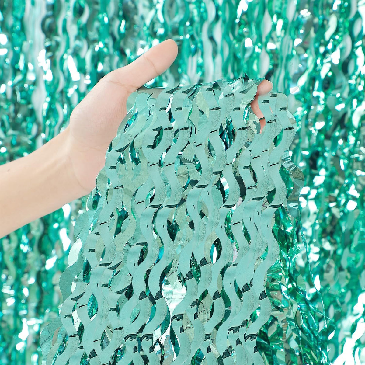 3 Pack Teal Aqua Blue Wave Foil Curtains - 3.3 ft x 6.6 ft Tinsel Metallic Streamers for Photo