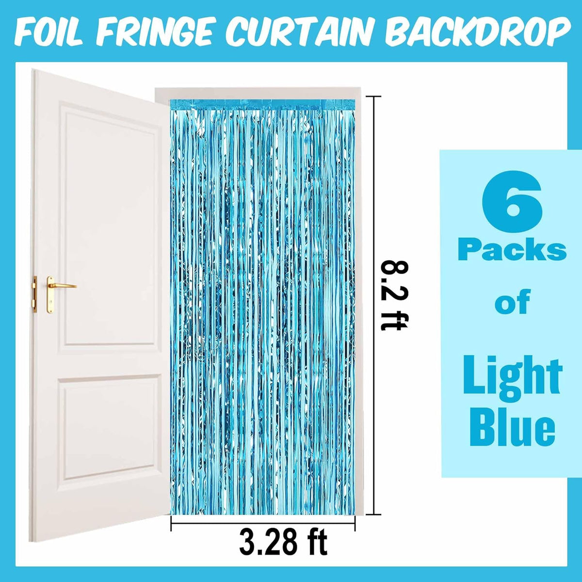 6 Pack Light Blue Foil Fringe Curtains Backdrop, 3.28 x 8.2 Ft Metallic Streamers Tinsel Curtains