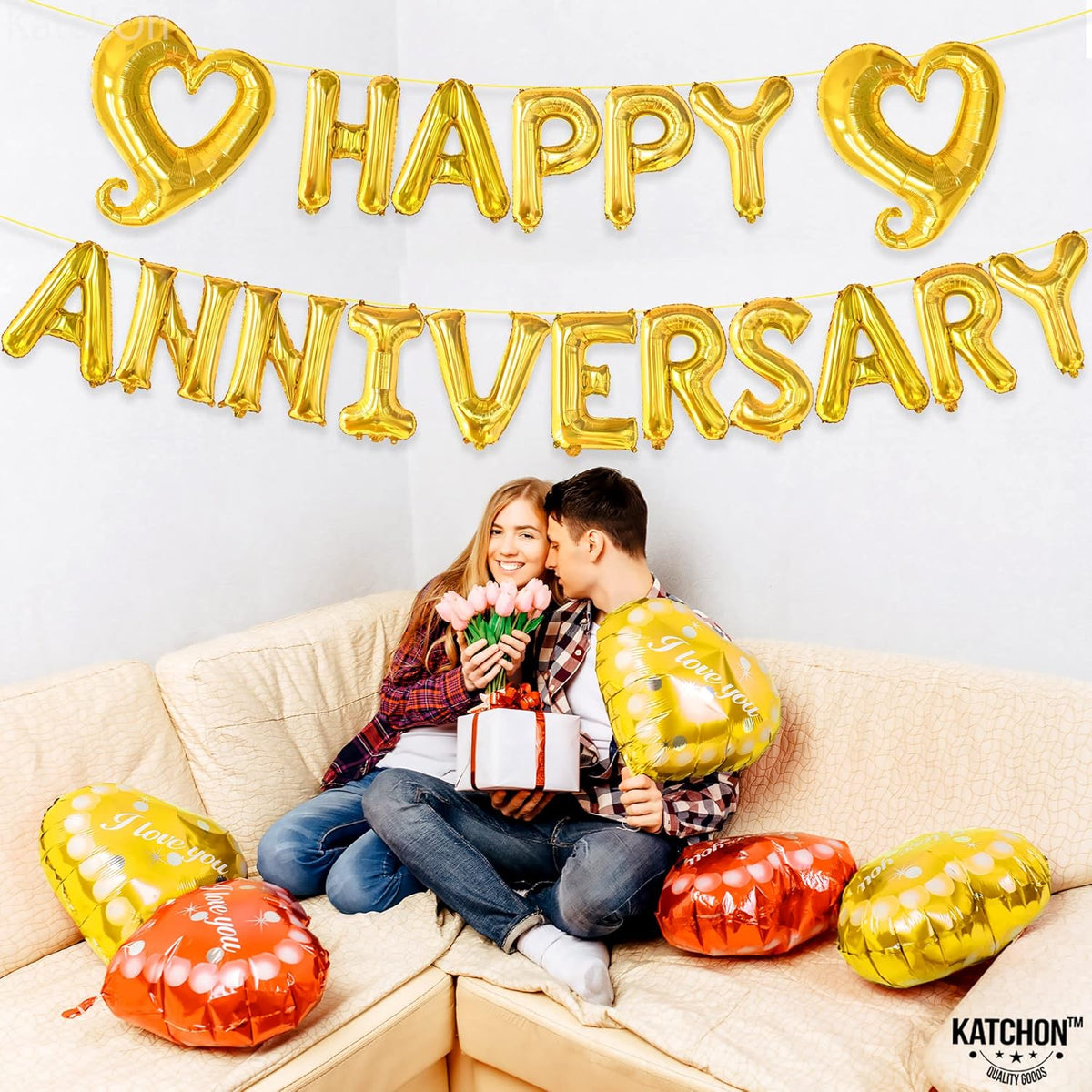 KatchOn, Gold Happy Anniversary Balloons Letters - 18 Inch, Heart Balloons Foil | Gold Happy