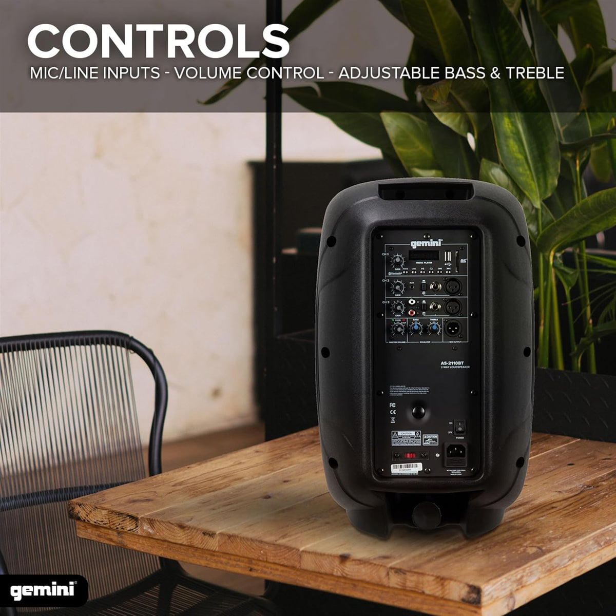 Gemini 10” 1000W Bluetooth PA Speaker with TWS Link, USB/SD/FM, XLR/RCA/AUX Inputs, Mic & Guitar