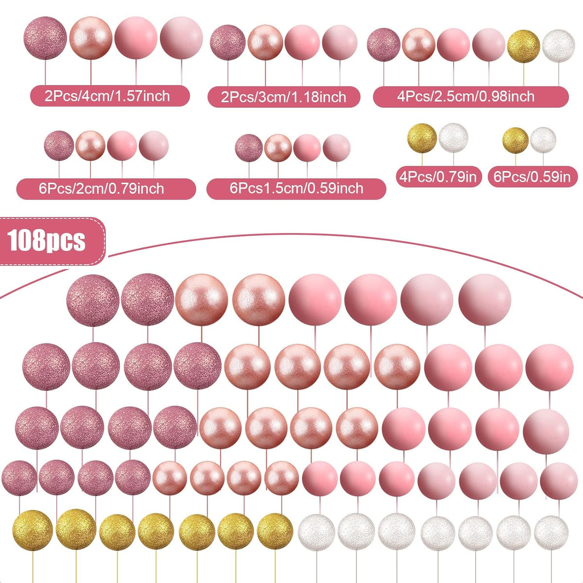 108 Pcs Balls Cake Topper DIY Cupcake Insert Foam Balloons for Cake Baking Wedding Anniversary