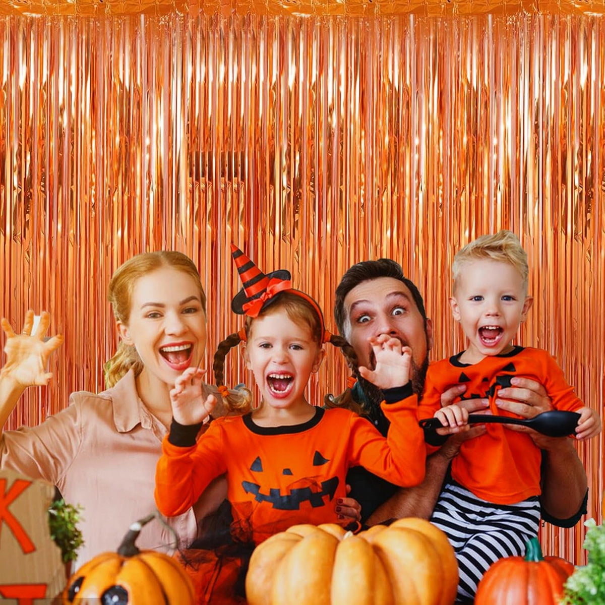 2 Pack 3.28 ft x 6.56 ft Orange Tinsel Curtain Party Backdrop Decorations, Metallic Foil Fringe