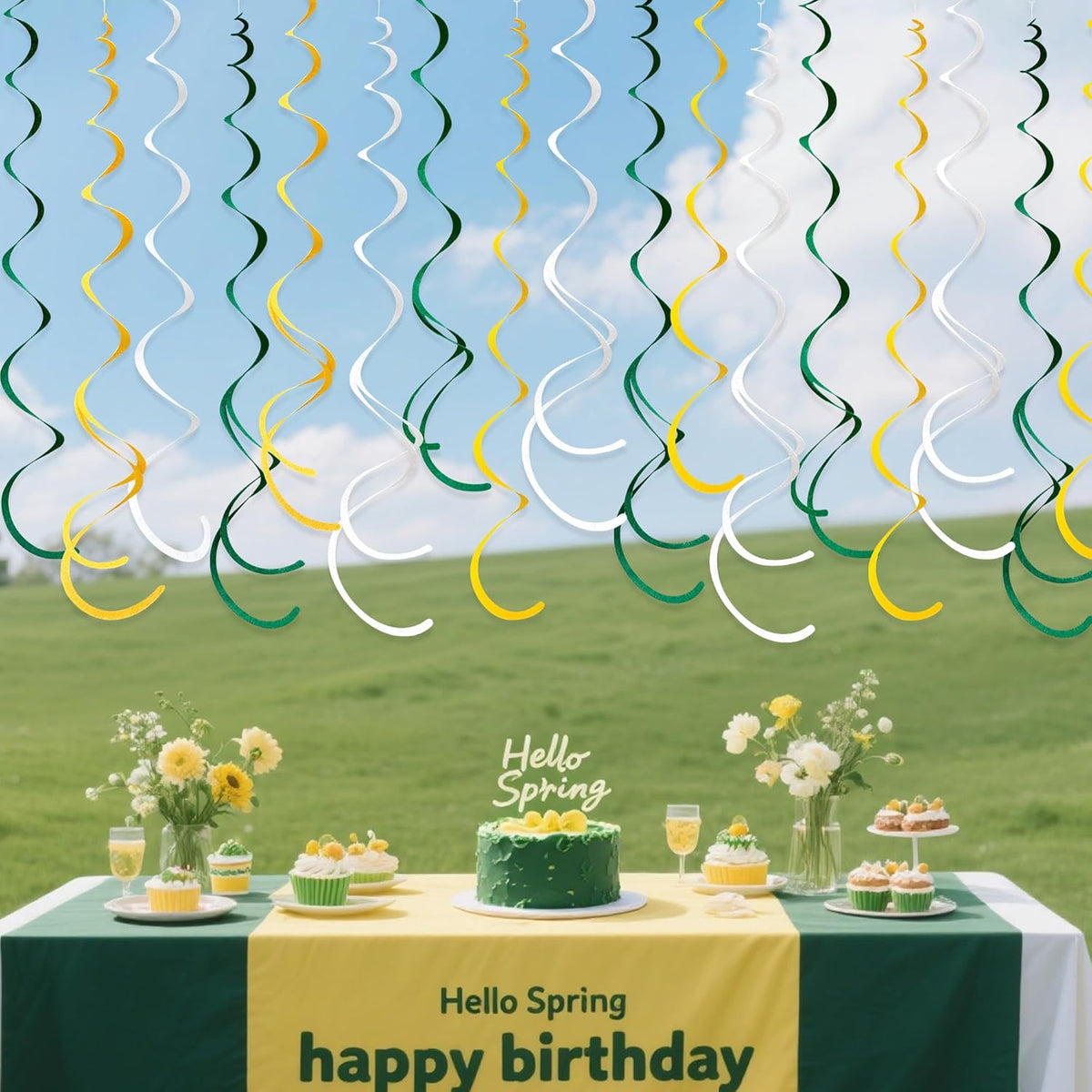 36 Pcs Green Yellow White Hanging Swirl Decorations Felt Swirl Streamer Spiral Ceiling Garland