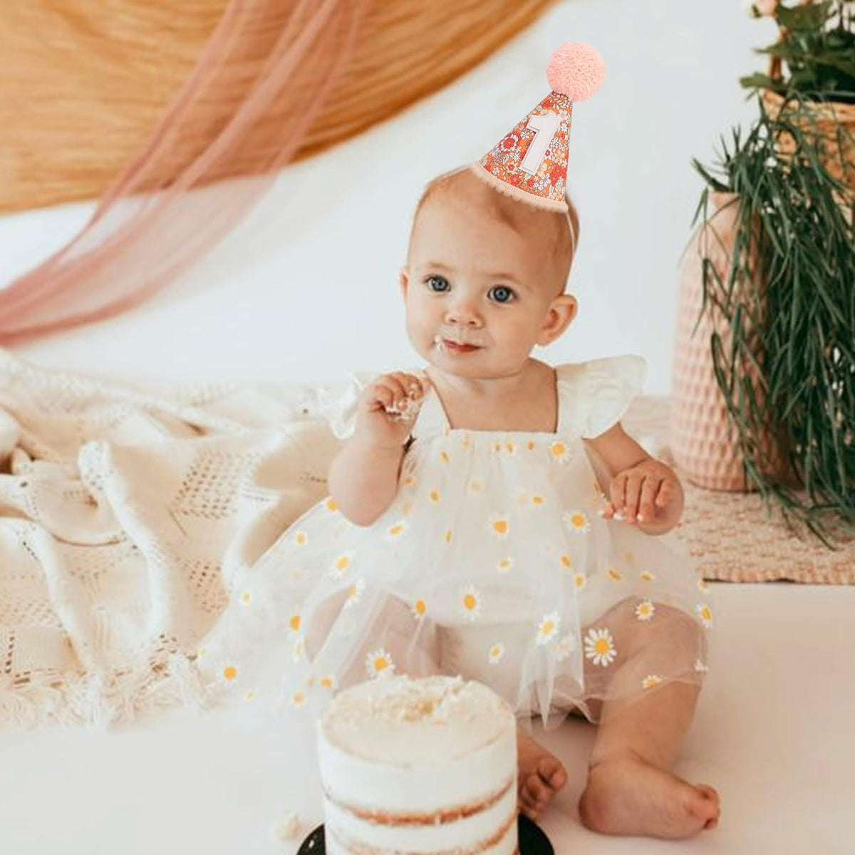 WAUAO Floral 1st Birthday Hat - Colorful Flower Cone Hat for Girls & Boys, First Birthday Crown