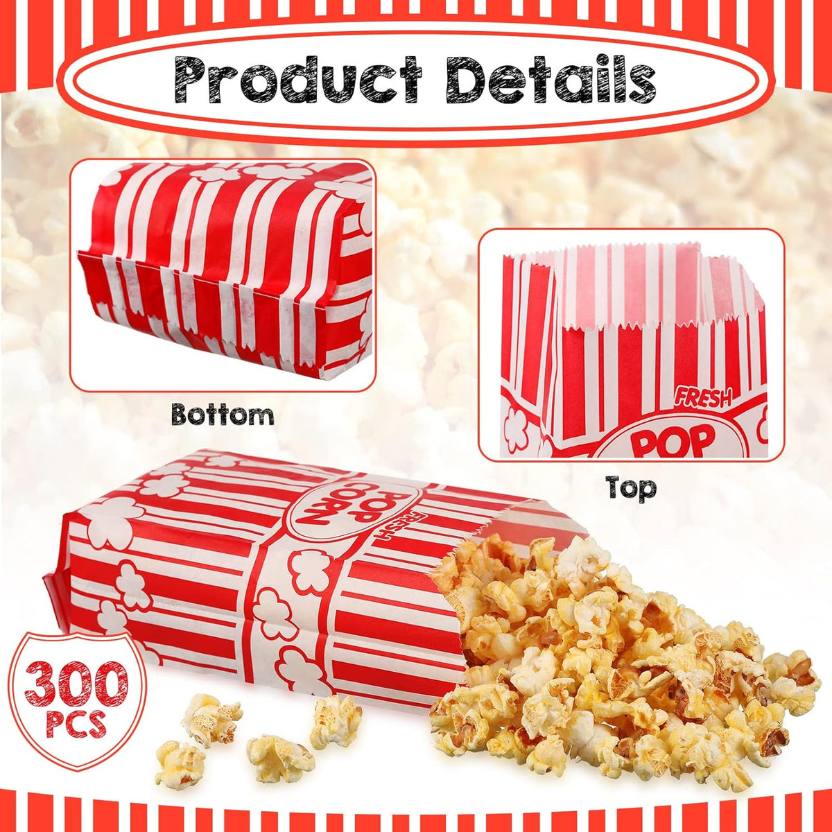 300 Pcs Popcorn Bags Paper Grease Resistant Popcorn Bags Disposable Red and White Striped Popcorn