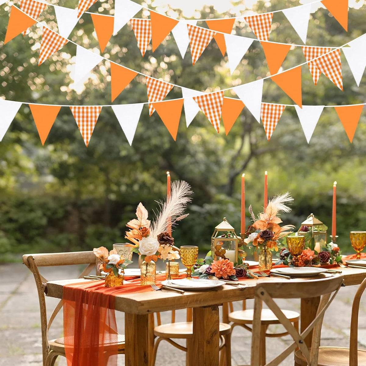 32Ft Orange Party Decorations Orange Buffalo Plaid Checkered White Triangle Flag Gingham Pennant