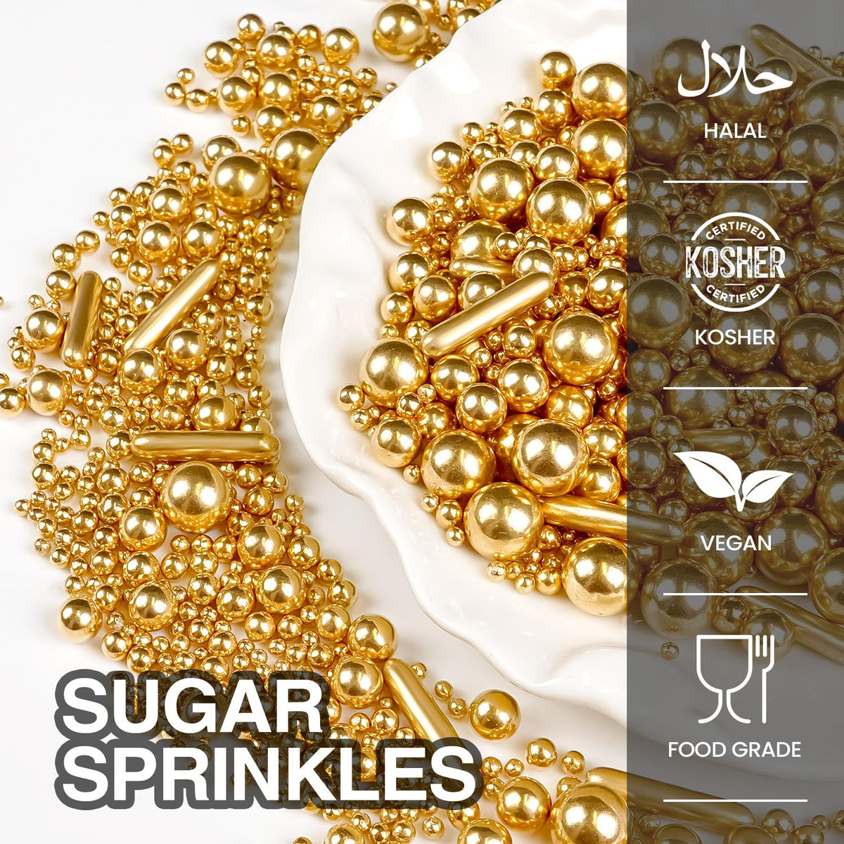 Gold Pearl Rods Sprinkles for Cake Decorating, Edible Sugar Pearls Rods Candy, 150g/5.29oz, Mix