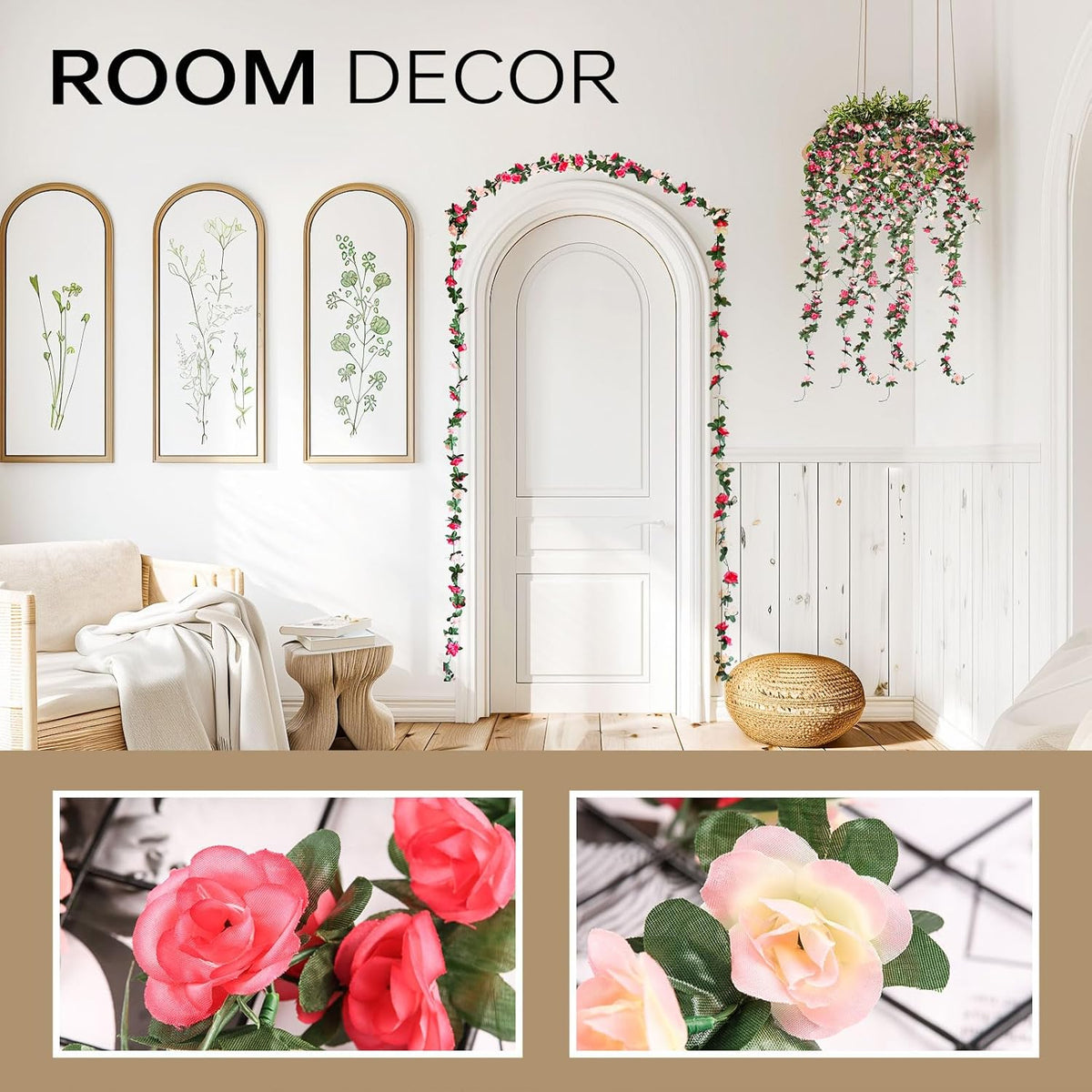 Miracliy 9Pcs 74FT Pink Flower Garland Artificial Rose Arch Vines Fake Spring Floral Garland for