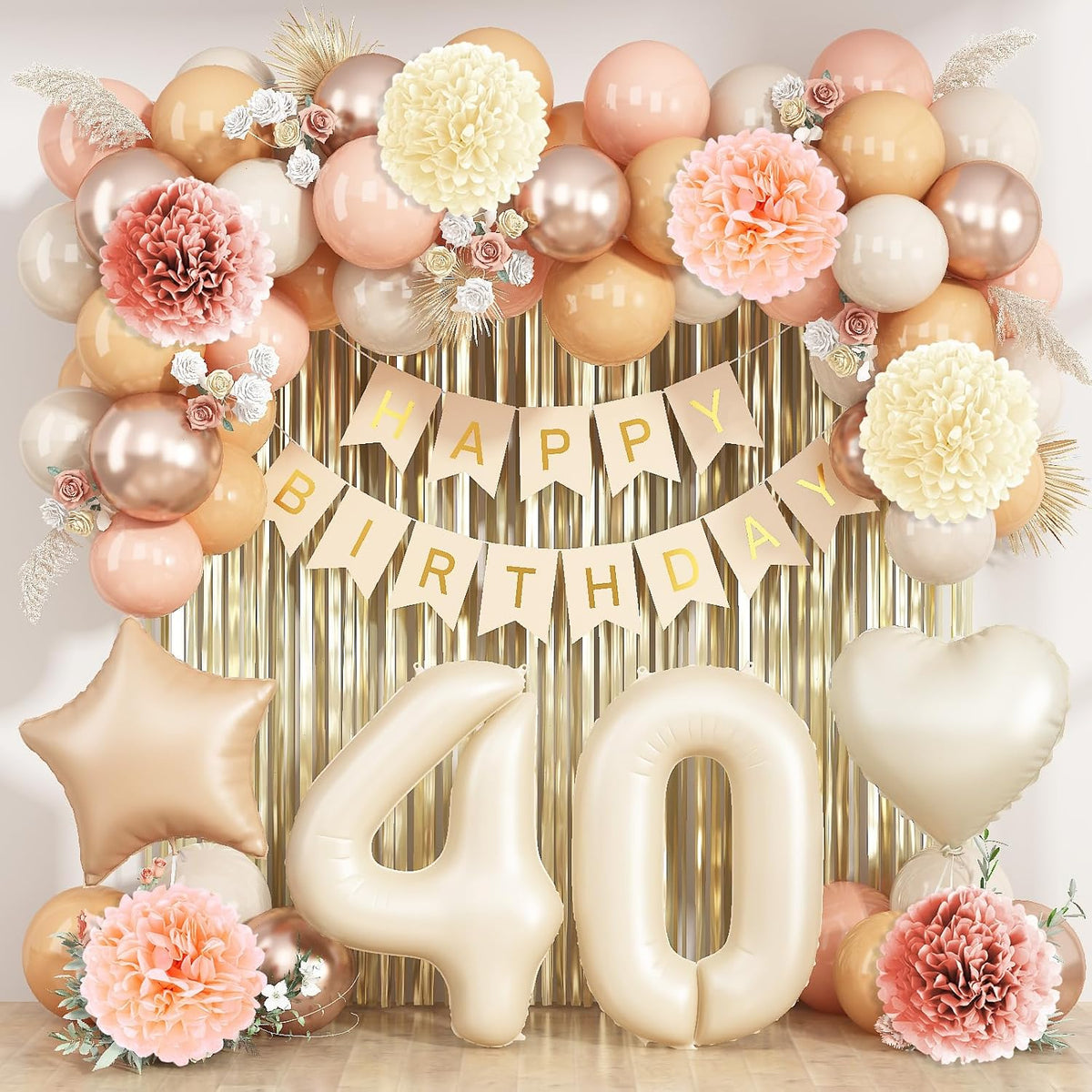 Beige 40th Birthday Decorations for Women Cream Number 40 Balloon Nude Gold Happy Birthday Banner