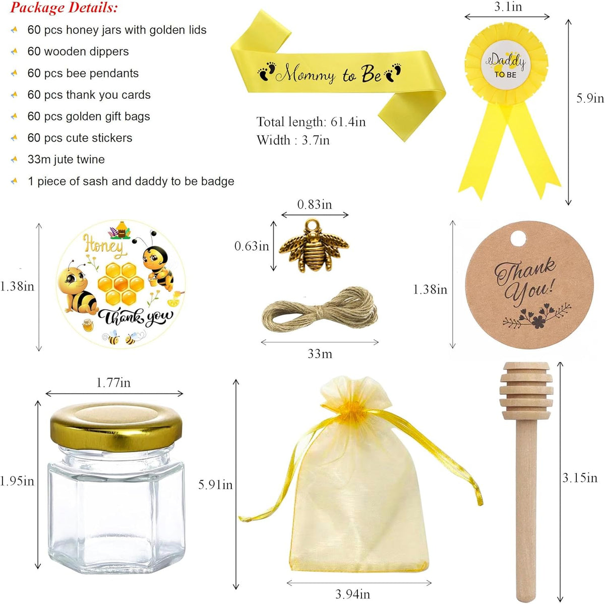 IIKUM 60 Pack 1.5 oz Glass Honey Jars with Baby Shower Sash, Dippers, Bee Pendants, Gift Bags