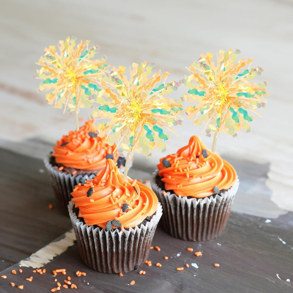 Ephlyn 30Pcs Foil Firework Cupcake Toppers Sparkle Tinsel Drink Birthday Cake Decorations Cocktail