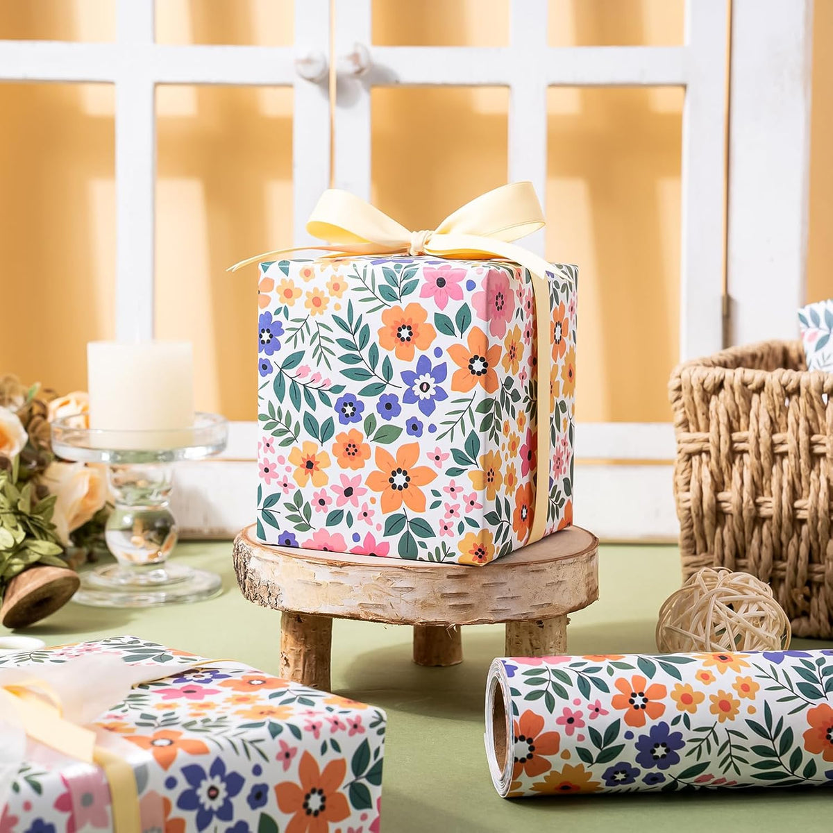 WRAPAHOLIC Kraft Floral Wrapping Paper Roll - Mini Roll - 17 Inch x 9.8 Feet - Ditsy Flower