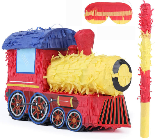 3D Train Pinata Bundle with a Blindfold and Bat (16x10.6x6.7 Inches), Train Pinata for Boys