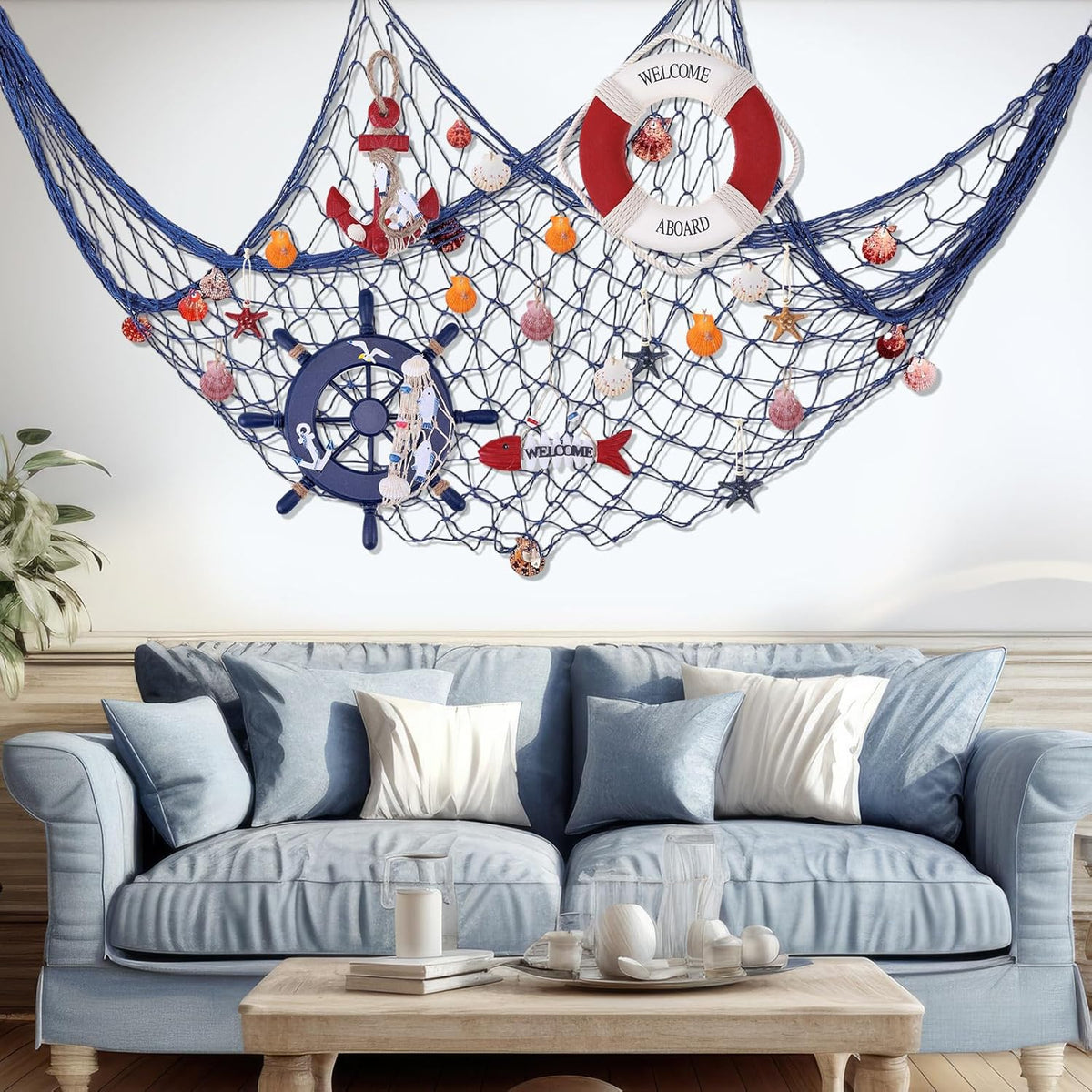 Marsui 11 Pcs Wooden Nautical Wall Decor Fishing Net Decoration, Include Decorative Fishing Net