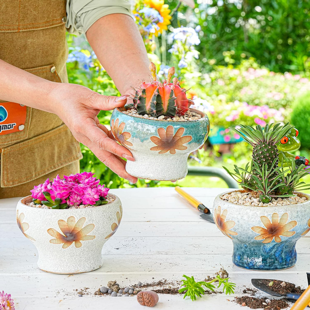 Sungmor Small Succulent Planters Set of 3, Beautiful Hand Crafted Ceramic Plant Pots Cute Cactus
