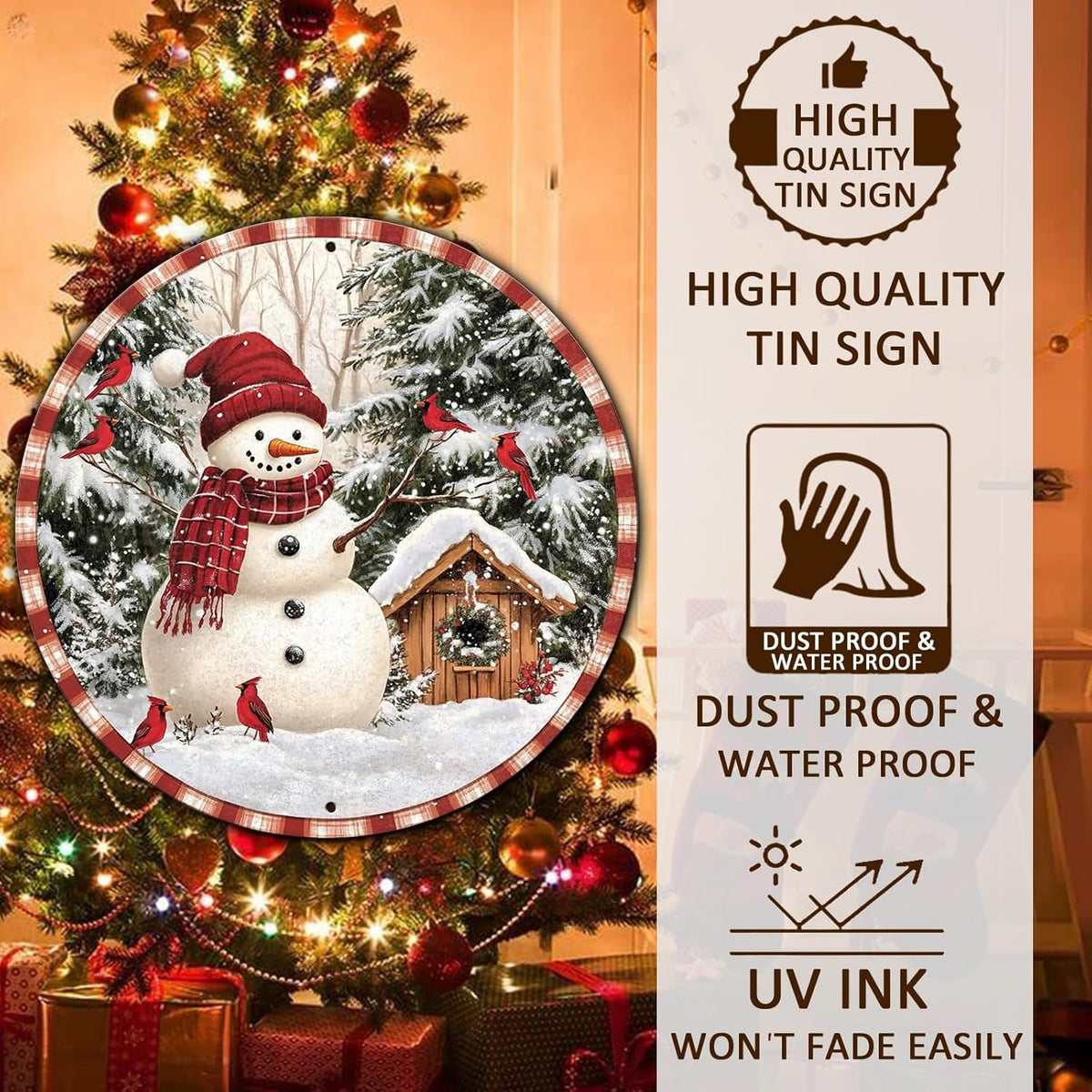 Round Christmas Metal Signs Vintage Snowman and Red Birds Tin Sign Metal Poster Christmas Snowman