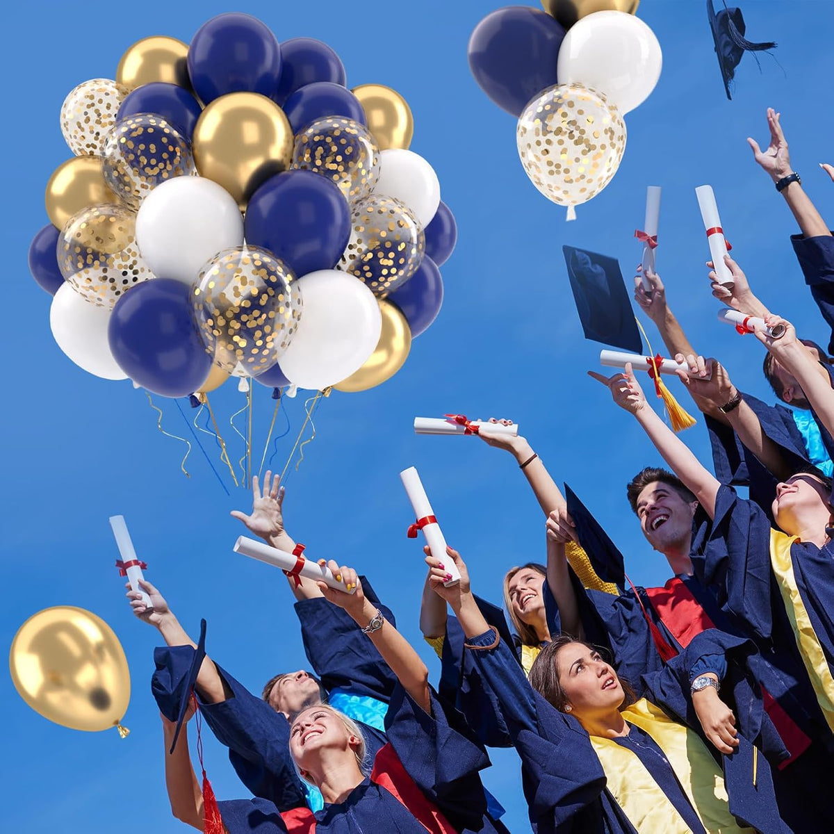 Patimate Navy Blue Gold Balloons Set, 50 pcs 12 inch Metallic Gold Navy Blue White Confetti Latex