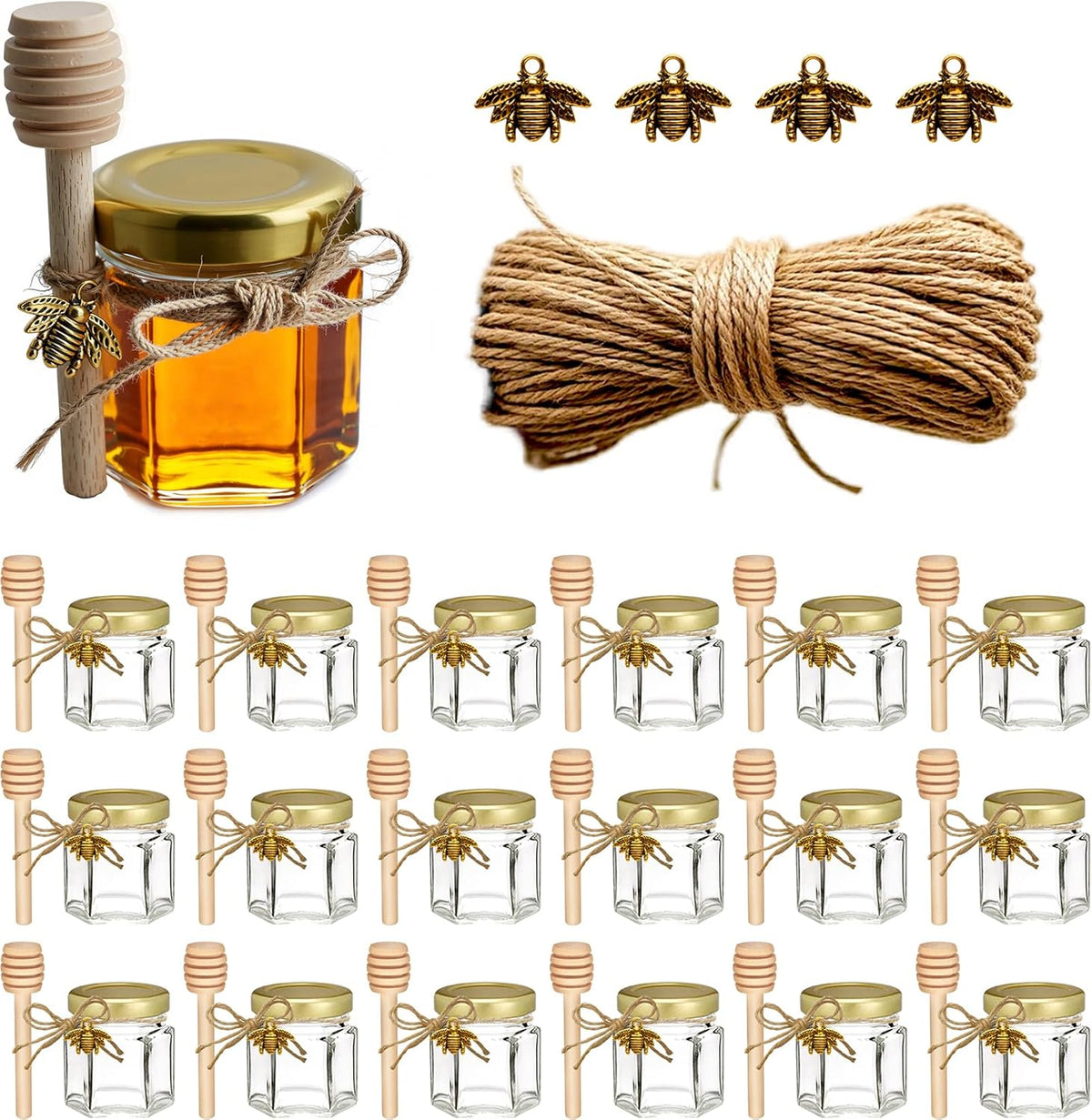 Mini Honey Jars - Hexagon Little Glass Honey Jar with Gold Lids, Wooden Dippers, Bee Charms and