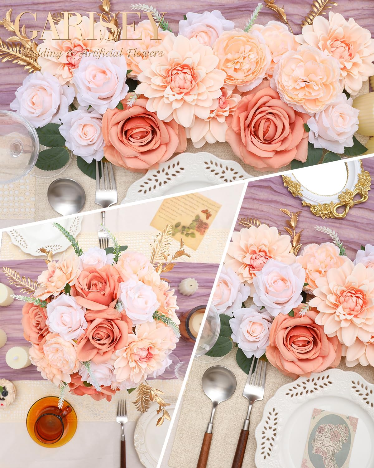Artificial Flowers Combo, Mix Silk Flowers Roses, Peonies, Dahlias with Stems for DIY Wedding