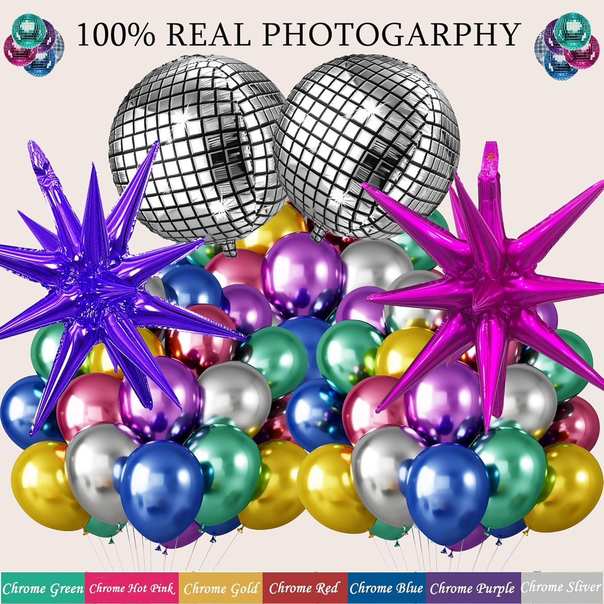 161pcs Shiny Chrome Balloon Garland Arch Kit Retro Disco Dance Party Decorations with 4D Disco Ball
