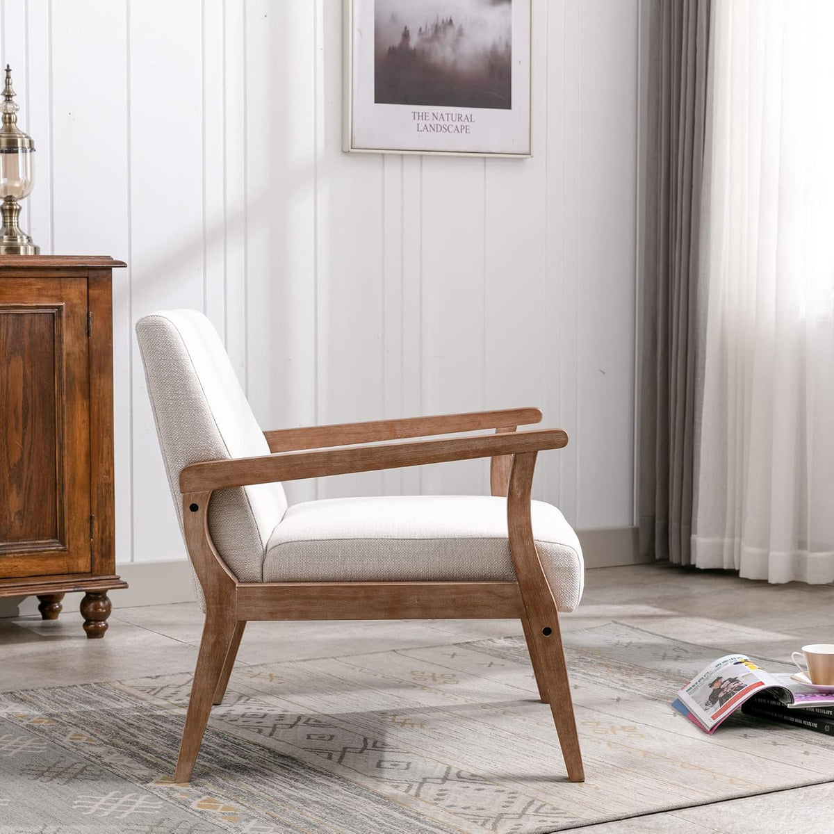 Mid Century Modern Accent Chair Set of 2, Linen Upholstered Living Room Accent Armchair with Wood
