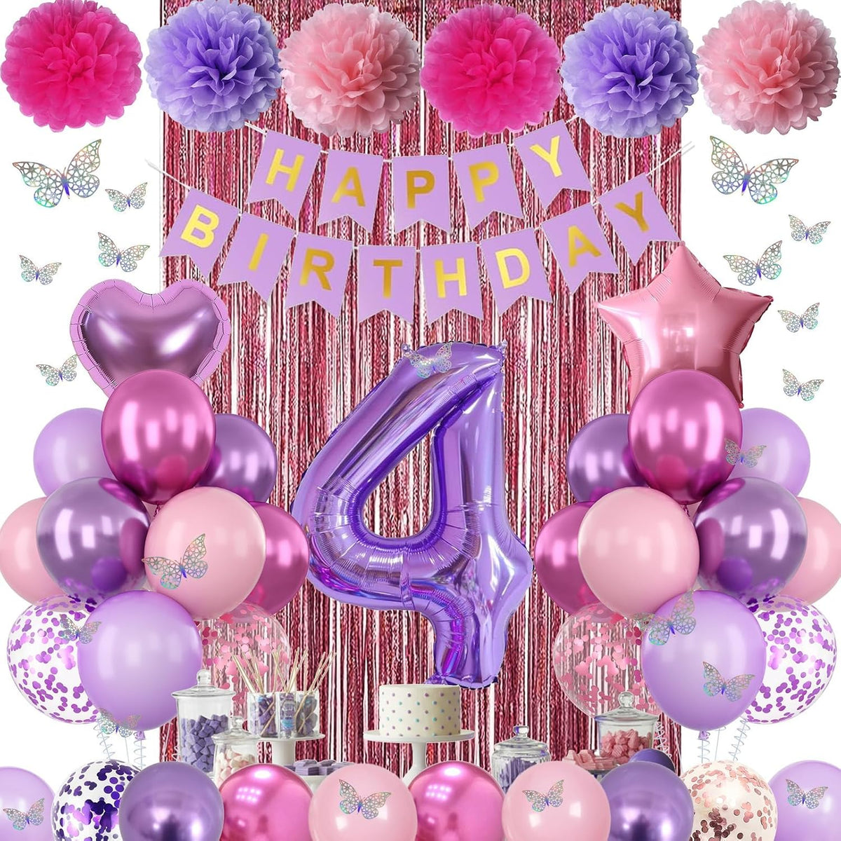 Pink Purple 4th Birthday Party Decorations for Girls Number 4 Balloon Happy Birthday Banner