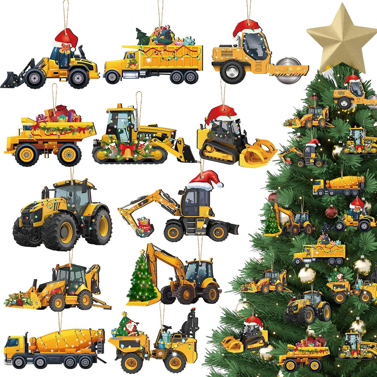Suzile 36 Pcs Christmas Wooden Ornaments Christmas Construction Truck Ornaments Decoration Vintage