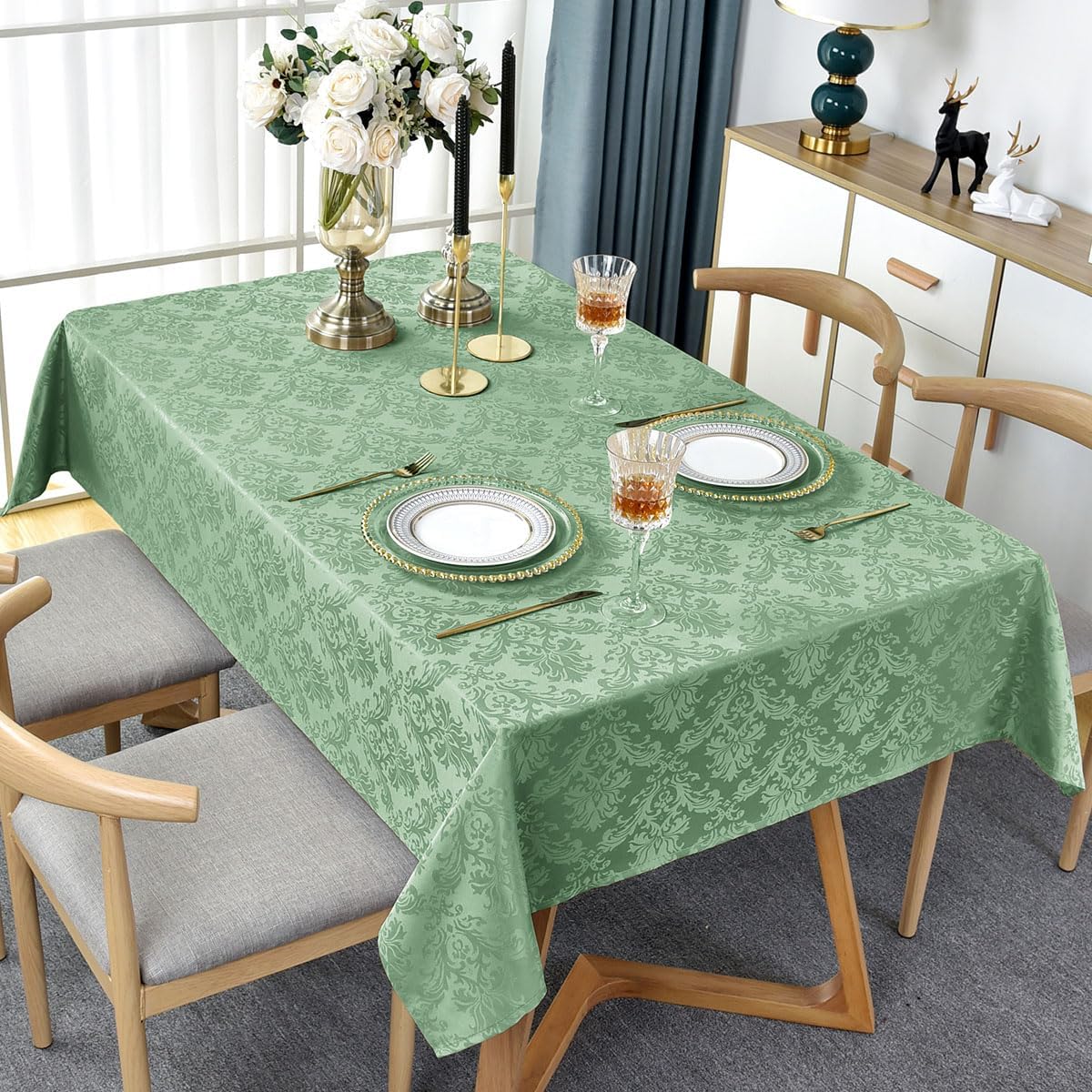 Flower Jacquard Rectangle Tablecloth 52 x 70 Inch Waterproof Wrinkle Free Washable Damask Table