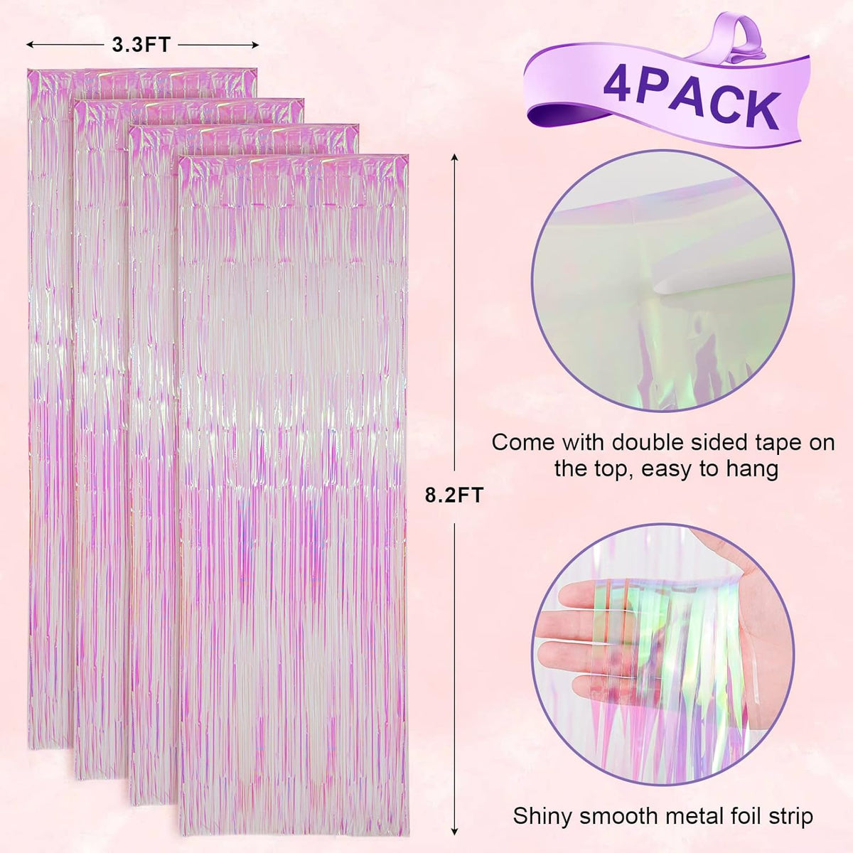 4 Pack Iridescent Transparent Foil Fringe Backdrop Curtains, Tinsel Streamers Birthday Party