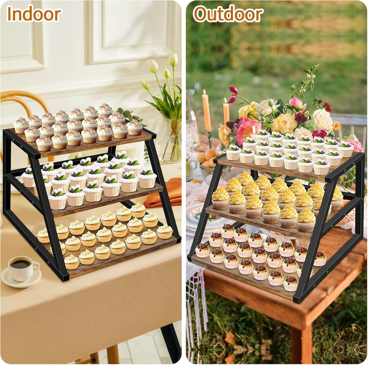Cupcake Stand, 3 Tier Large Cupcake Stand for 50 Cupcakes Rustic Cupcake Display Stand Square Wood