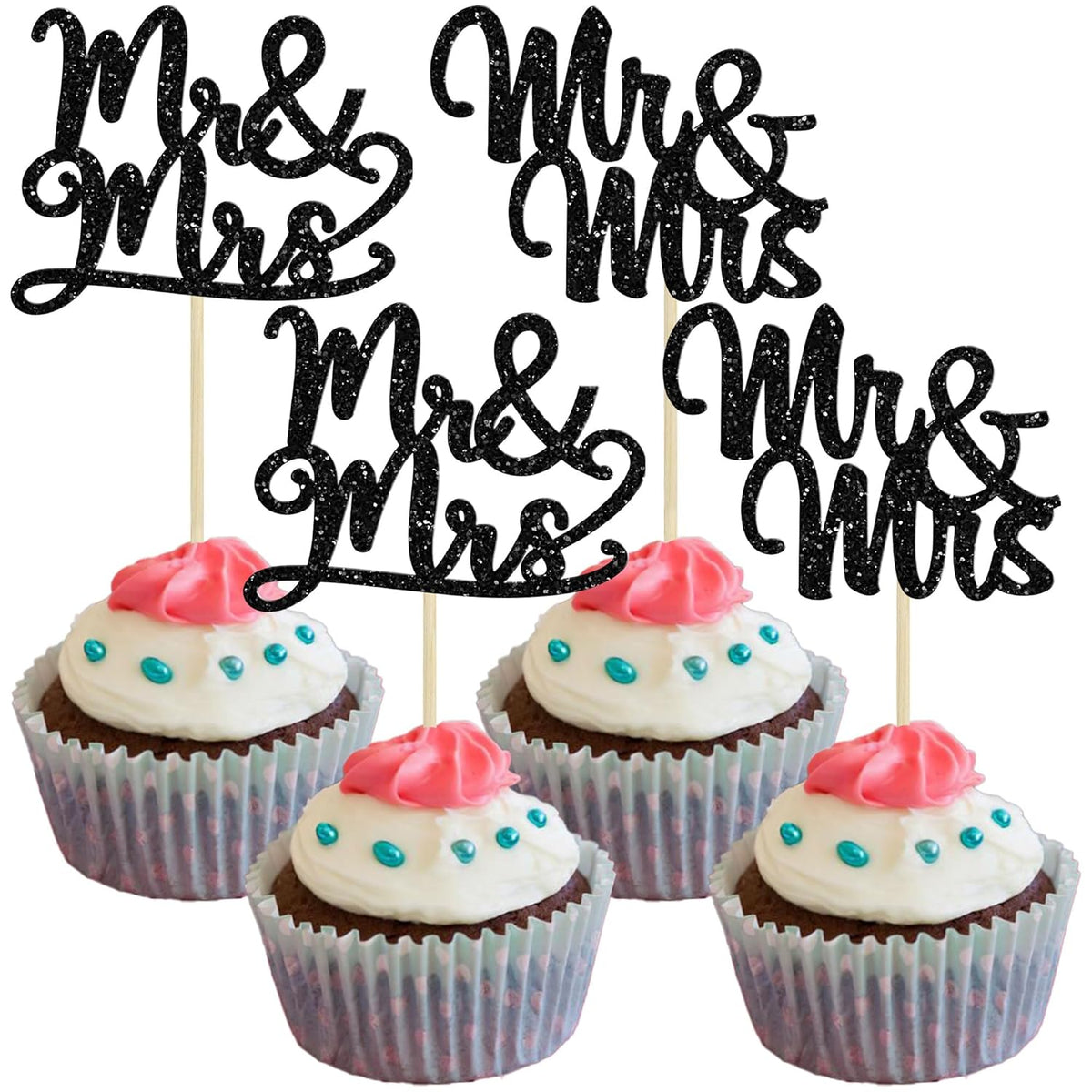 Gyufise 36Pcs Mr & Mrs Cupcake Toppers Glitter Bridal Shower Cupcake Picks for Wedding Engagement