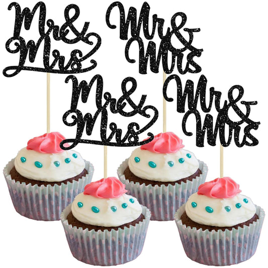 Gyufise 36Pcs Mr & Mrs Cupcake Toppers Glitter Bridal Shower Cupcake Picks for Wedding Engagement
