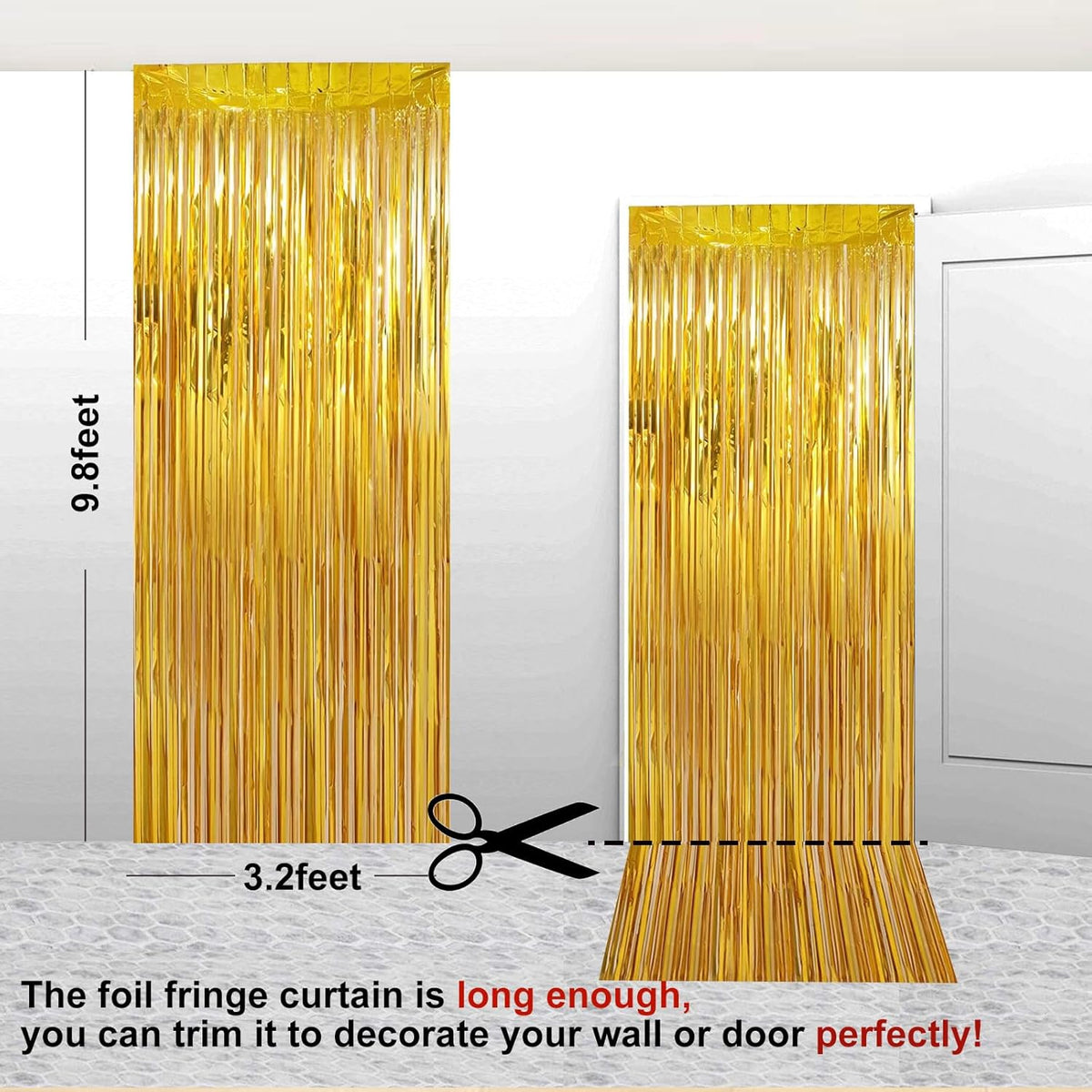 2 Pack 3.28 ft x 6.56 ft Golden Tinsel Curtain Party Backdrop Decorations, Metallic Foil Fringe
