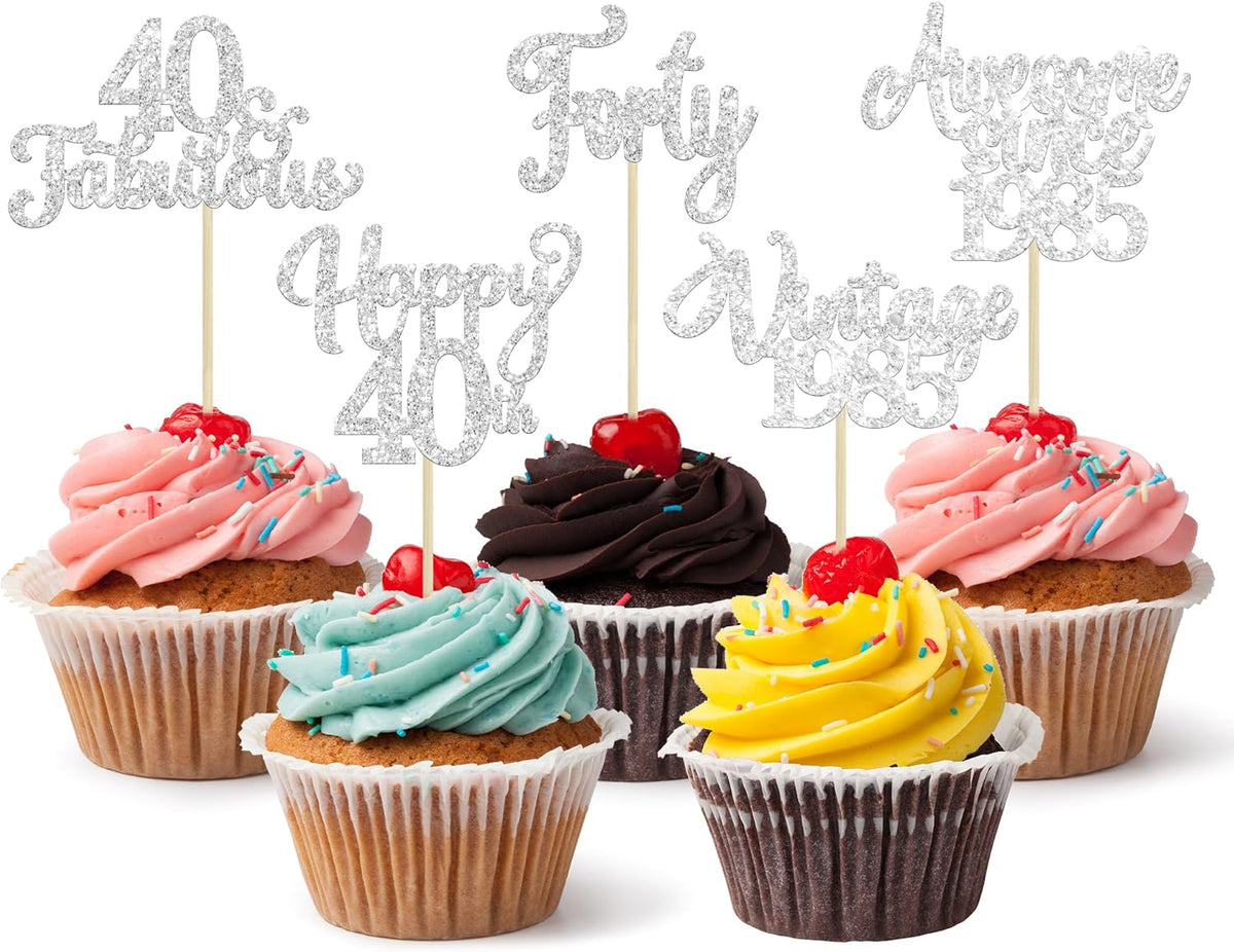 30Pcs Happy 40th Birthday Cupcake Toppers Glitter Forty Vintage 1985 Cupcake Picks Cheers to 40