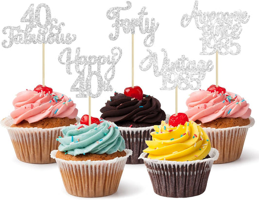 30Pcs Happy 40th Birthday Cupcake Toppers Glitter Forty Vintage 1985 Cupcake Picks Cheers to 40