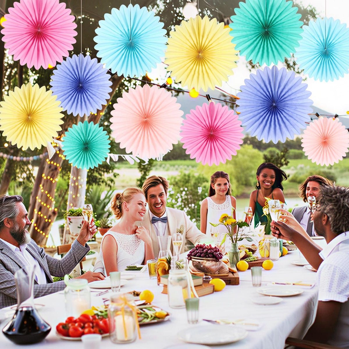 BestoFun 12PCS Paper Fans Pastel Rainbow Colorful Party Decorations Tissue Paper Flowers