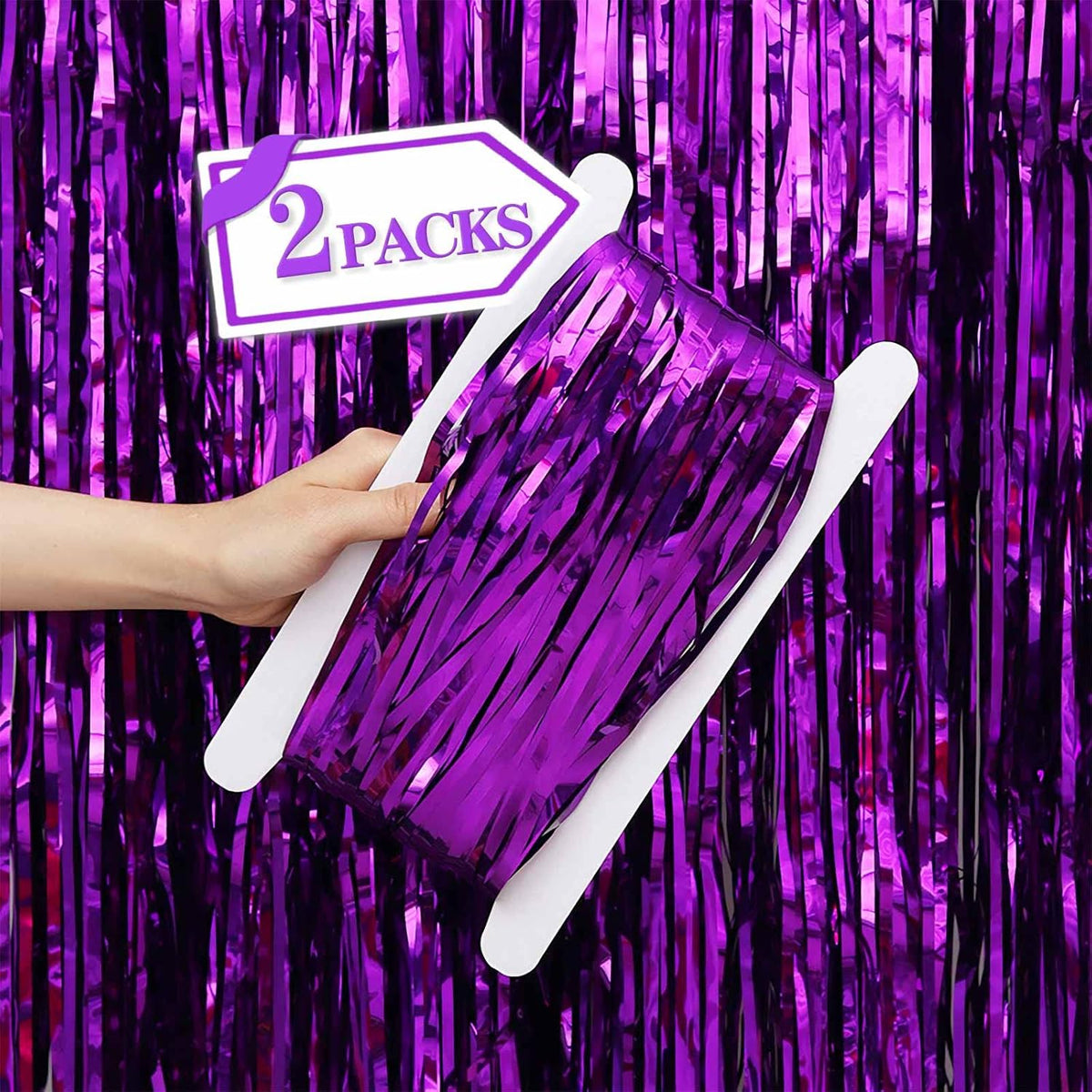 2 Pcs Purple Metallic Tinsel Foil Fringe Curtains Backdrop, 3.28 ft x 6.56 ft Streamers for
