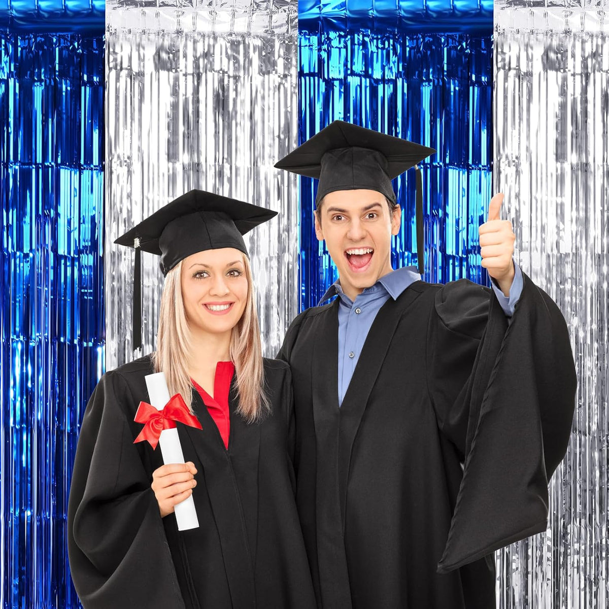 3Pack 3.3Ft x 6.6Ft Graduation Foil Fringe Curtain Backdrop Decorations, Blue Silver Metallic