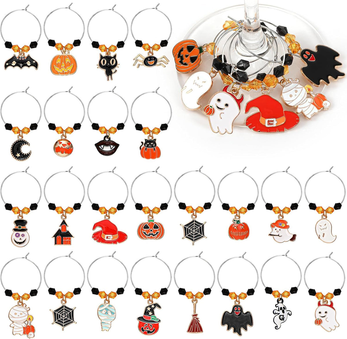 Inbagi 24 Pcs Halloween Wine Glass Charms Halloween Enamel Wine Charms Pendant Pumpkin Witch Hat